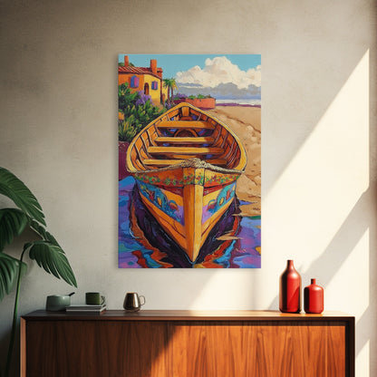 Painted Boat, Coastal Home, Nautical Style, Vibrant Beach Scene, Seaside Decor, Bathroom Wall Art, Canvas Print, Summer Vibes Art
