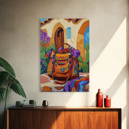 Saddle Bag, Desert Flowers, Southwest Style, Rustic Charm, Mexican Market Vibe, Entryway Wall Art, Framed Canvas Print, Colorful Boho Art