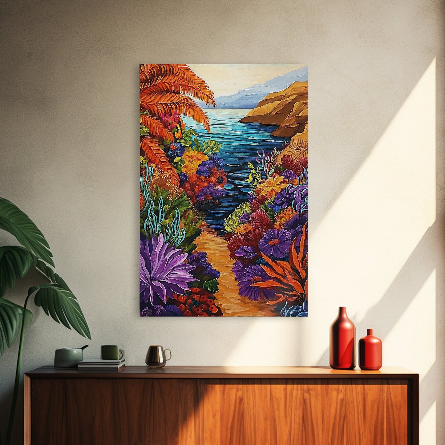 Hidden Cove, Ocean Trail, Botanical Beauty, Colorful Path, Framed Canvas Print, tropical jungle painting, hallway wall art, boho art