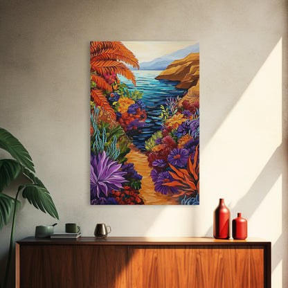 Hidden Cove, Ocean Trail, Botanical Beauty, Colorful Path, Framed Canvas Print, tropical jungle painting, hallway wall art, boho art