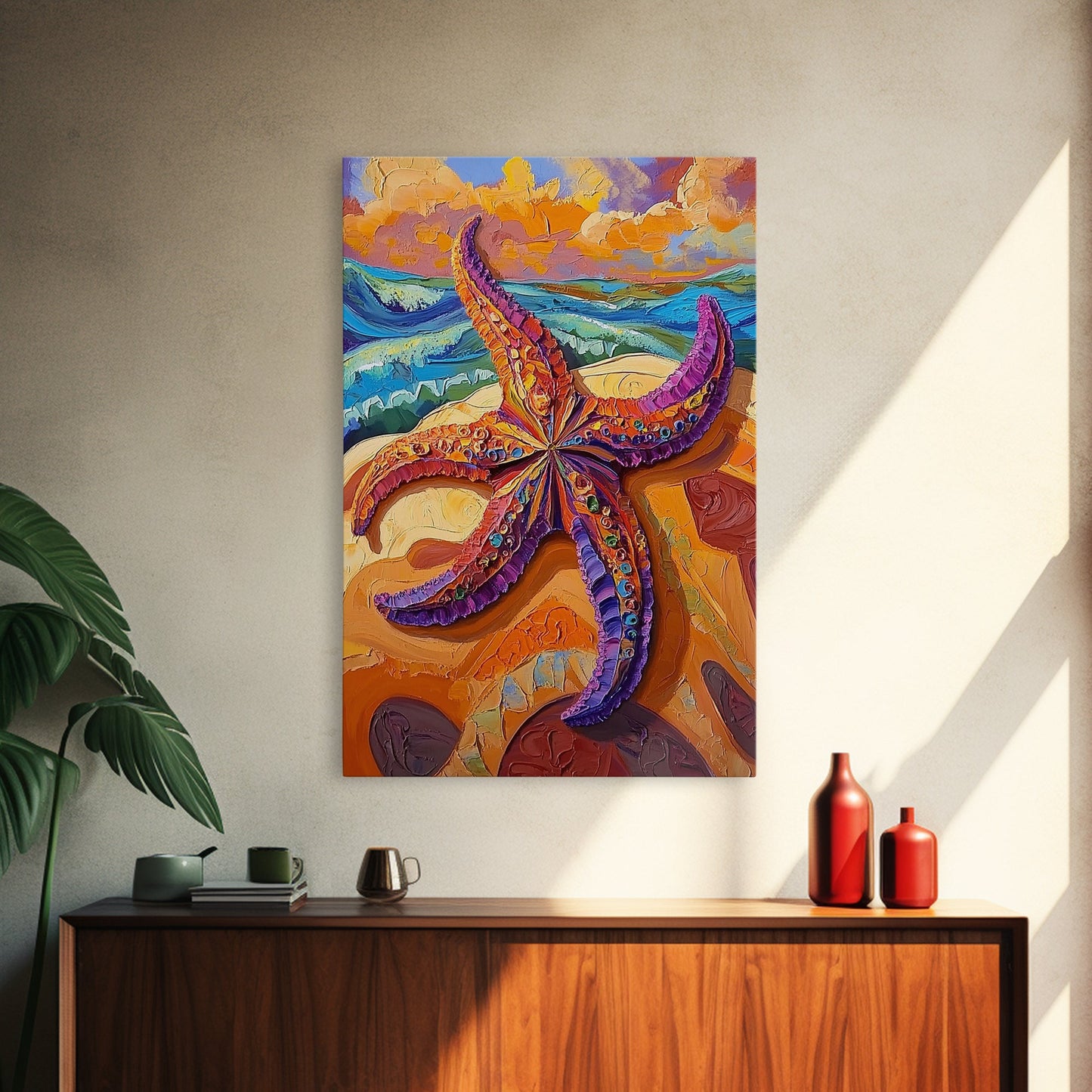 Starfish Closeup, Vibrant Shore, Ocean Texture, Coastal Beauty, Framed Canvas Print, Bathroom Wall Art, Beach House Decor, Seaside Boho Art