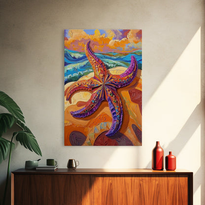 Starfish Closeup, Vibrant Shore, Ocean Texture, Coastal Beauty, Framed Canvas Print, Bathroom Wall Art, Beach House Decor, Seaside Boho Art