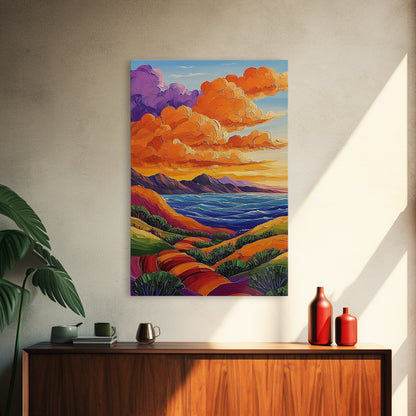 Coastal Hills, Sunset Path, Ocean View, Fiery Sky — Framed Canvas Print Autumn landscape painting, colorful kitchen wall art, boho decor