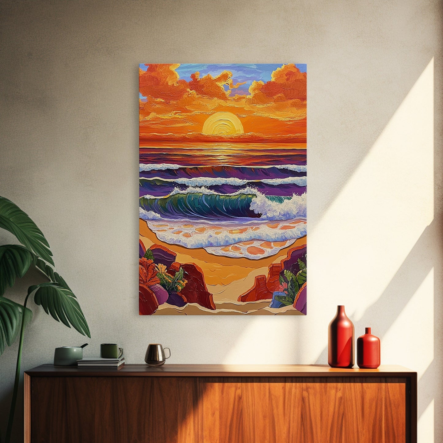 Sunset Beach, Crashing Waves, Golden Sky, Ocean Horizon — Canvas Print tropical landscape art, bathroom wall decor, modern beach vibe