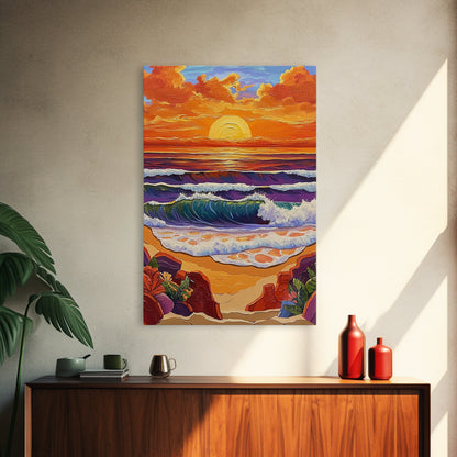 Sunset Beach, Crashing Waves, Golden Sky, Ocean Horizon — Canvas Print tropical landscape art, bathroom wall decor, modern beach vibe