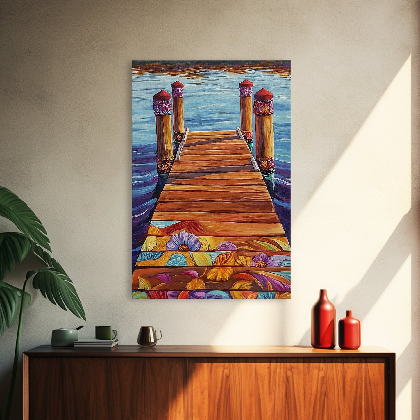 Painted Dock Scene, Vibrant Water Art, Lake House Decor, Canvas Print, Boho Coastal Wall Art, Summer Vibes, Nature Inspired