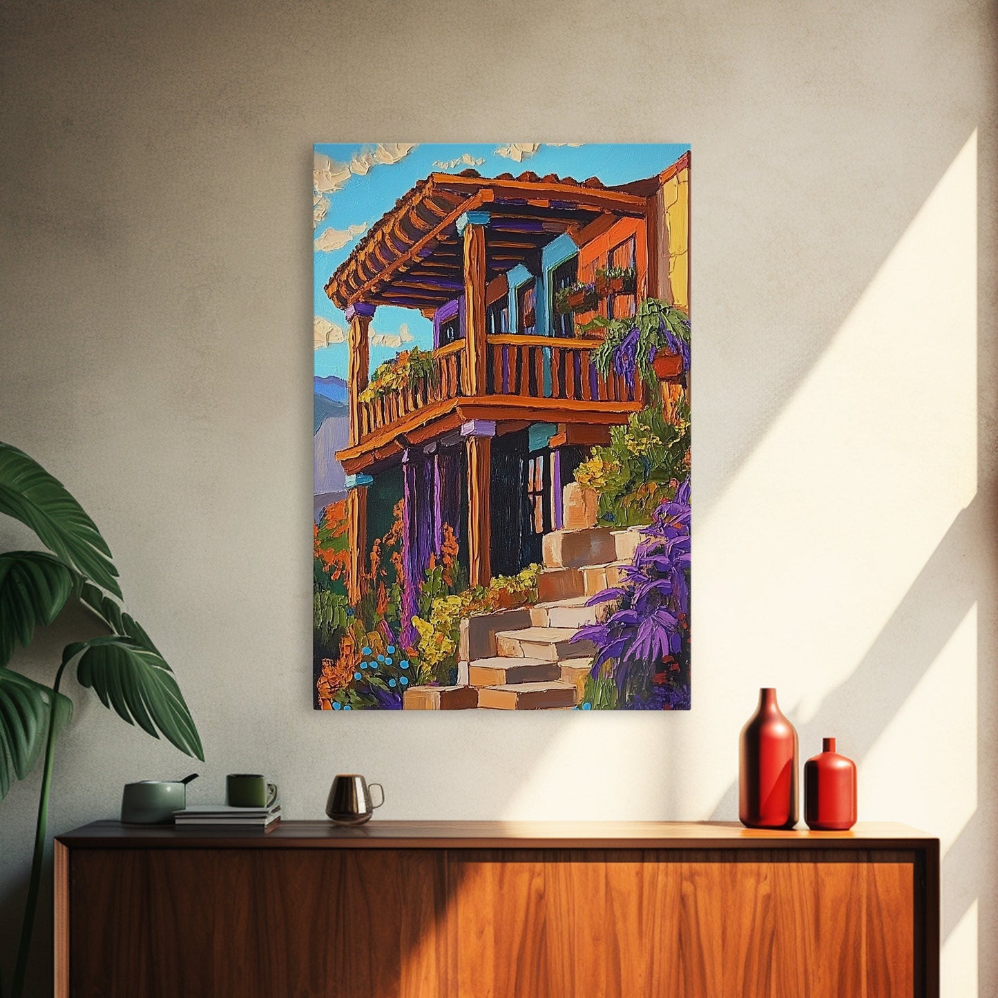 Rustic Balcony View, Desert Garden Colors, Southwest Home Art, Framed Canvas Print, Living Room Wall Art, Boho Summer Decor