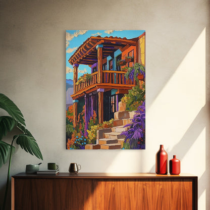 Rustic Balcony View, Desert Garden Colors, Southwest Home Art, Framed Canvas Print, Living Room Wall Art, Boho Summer Decor