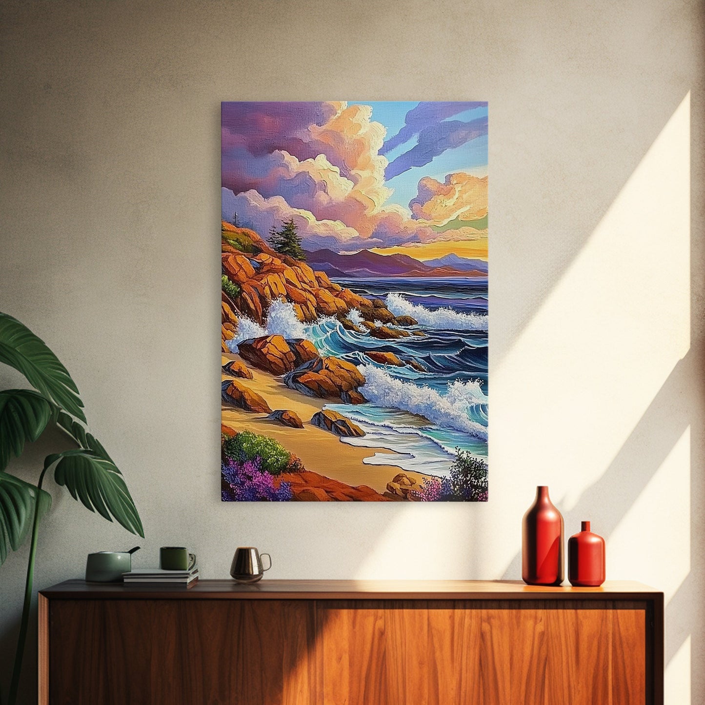 Rocky Beach Landscape, Dramatic Sky Scene, Coastal Ocean View, Canvas Print, Fall Nature Decor, Living Room Wall Art