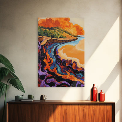 Lava Coastline, Molten Waves, Abstract Nature, Volcanic Scene, Framed Canvas Print, Fall Wall Art, Moody Decor, Earthy Abstract Art