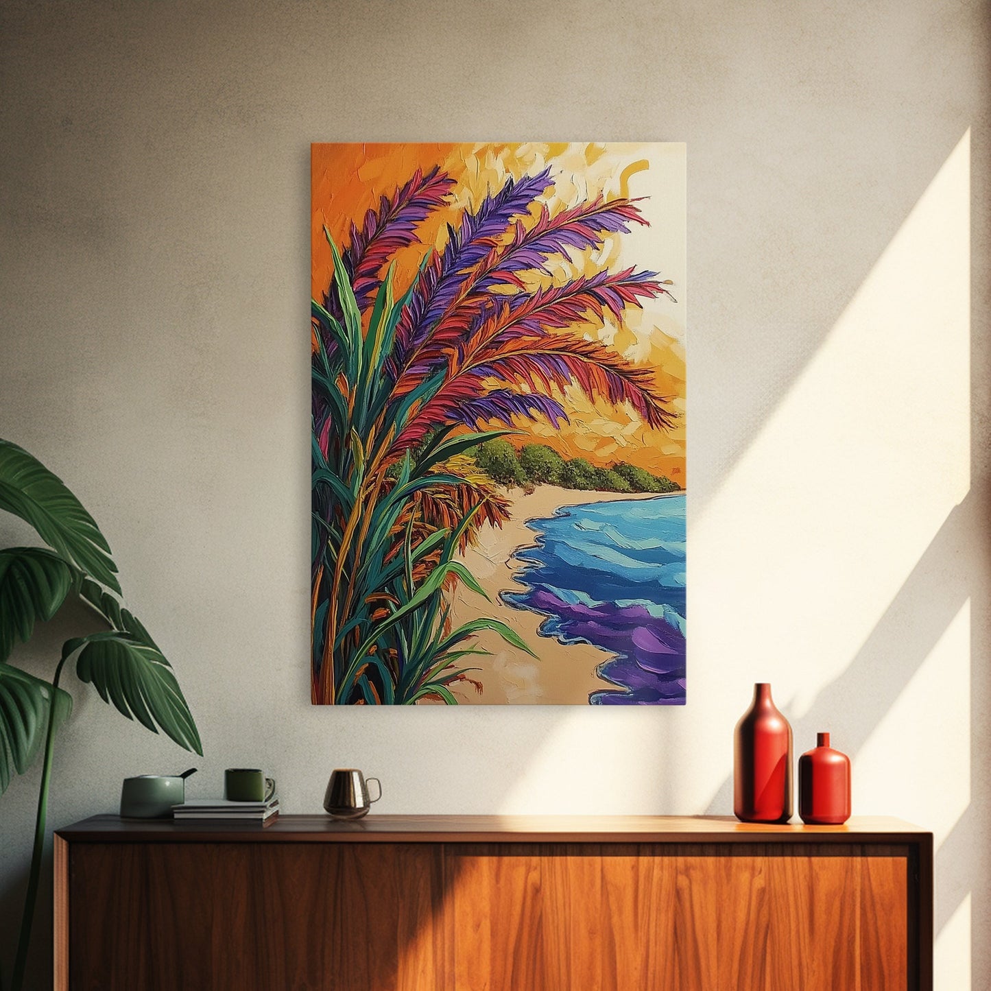 Vibrant Beach Grass, Sunset Ocean View, Coastal Wall Decor, Tropical Vibes, Framed Canvas Print, Summer Living Room Wall Art