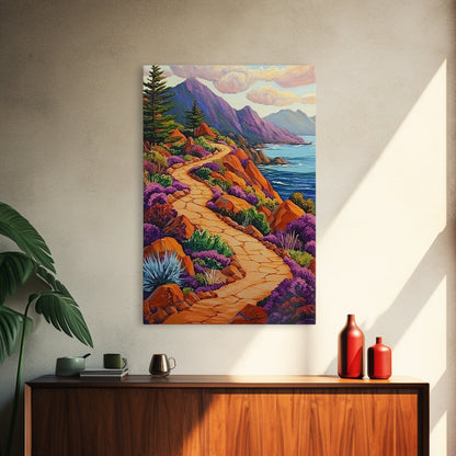 Winding Trail, Ocean Cliffs, Coastal Landscape, Mountain View, Framed Canvas Print, rustic wall art, cabin decor, colorful nature painting