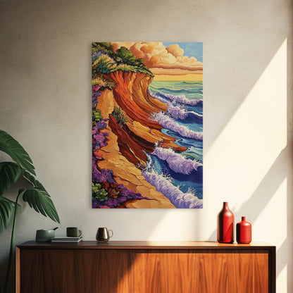 Waves Cliffs, Nature Surf, Canvas Print dramatic ocean surf painting, coastal boho landscape art, Living Room Wall Art, beachy decor