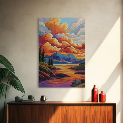 Mountains Lake, Sky Reflection, Canvas Print sunset mountain scene wall decor, serene nature landscape painting, Living Room Wall Art