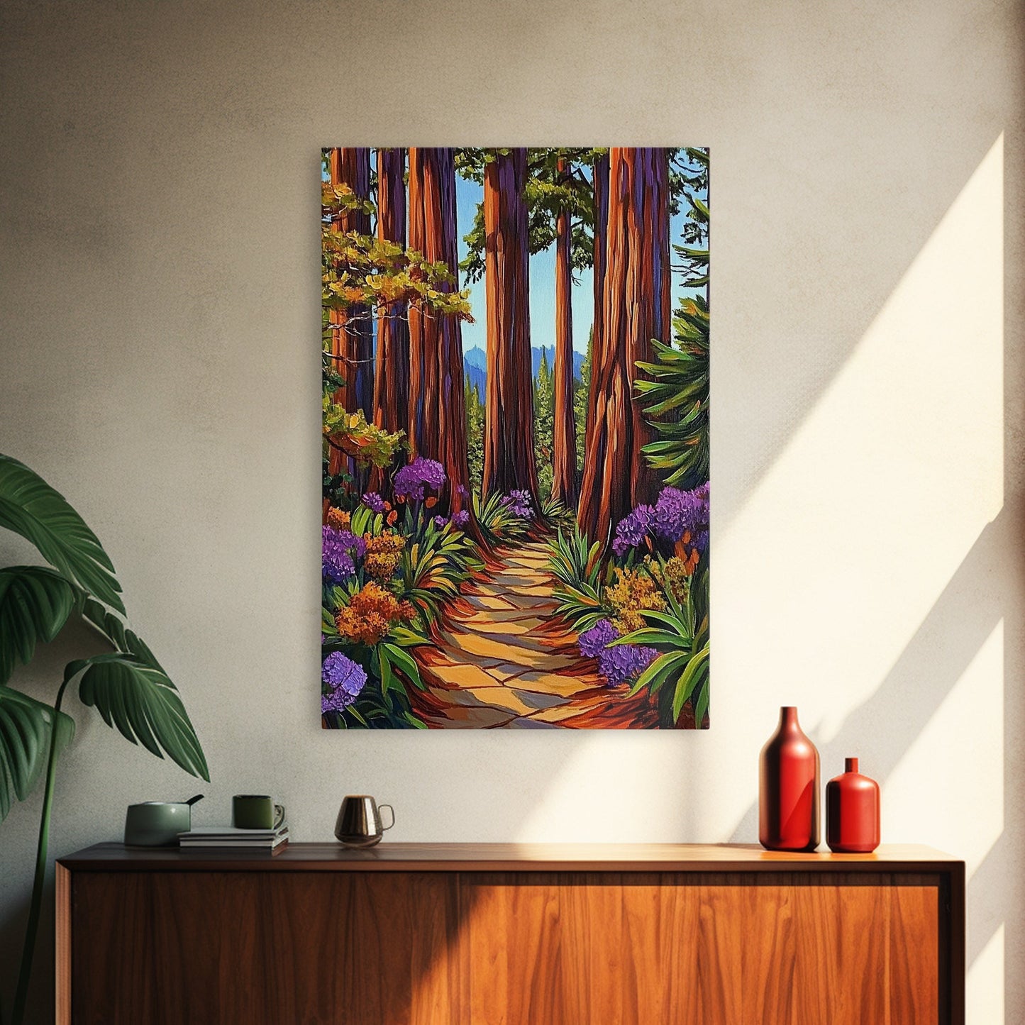Forest Trail Trees, Nature, Canvas Print enchanted forest path wall art, redwoods hiking trail decor, Living Room Wall Art, boho vibes