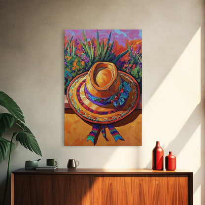 Sombrero, Garden, Boho, Floral, Framed Canvas Print, Bright floral garden sombrero artwork, perfect boho colorful kitchen wall art