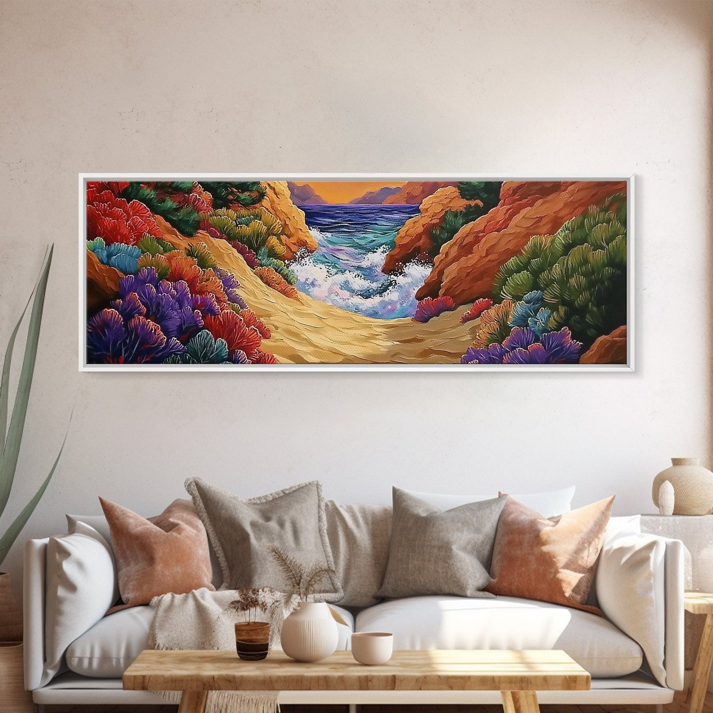 Ocean Path, Colorful Cliffs, Bright Beach, Nature Trail, Framed Canvas Print, Coastal Wall Art, Hallway Decor, Vibrant Seaside Painting