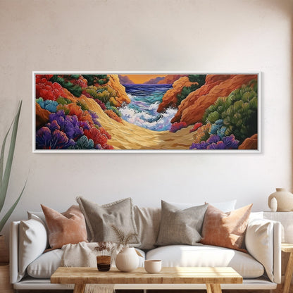 Ocean Path, Colorful Cliffs, Bright Beach, Nature Trail, Framed Canvas Print, Coastal Wall Art, Hallway Decor, Vibrant Seaside Painting