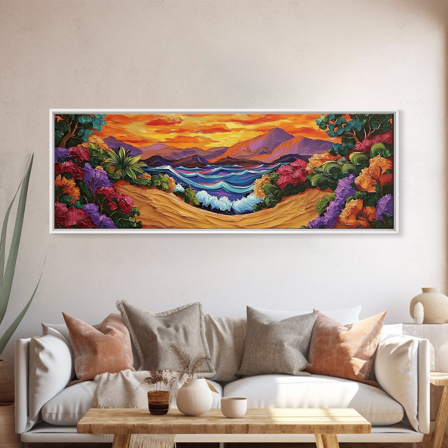 Tropical Sunset Cove, Vibrant Ocean Painting, Beach House Decor, Bold Nature Scene, Boho Living Room Canvas Print, Nature Painting