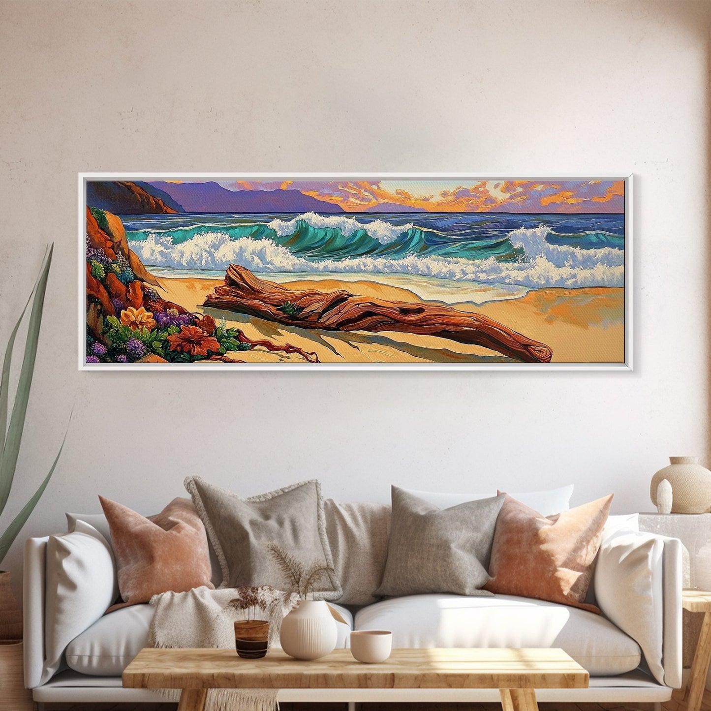 Ocean Shore Driftwood, Seaside Flower Art, Nature Landscape, Framed Canvas Print, Coastal Living Room or Beach House Wall Art
