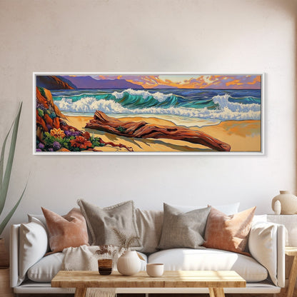 Ocean Shore Driftwood, Seaside Flower Art, Nature Landscape, Framed Canvas Print, Coastal Living Room or Beach House Wall Art