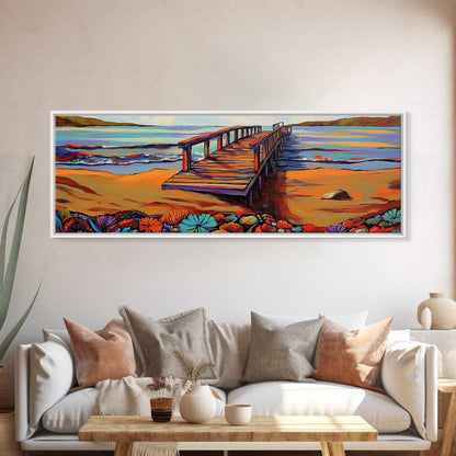 Seaside Pier, Vibrant Coast, Beach View, Framed Canvas Print, coastal artwork, beach house decor, summer vibes, living room art