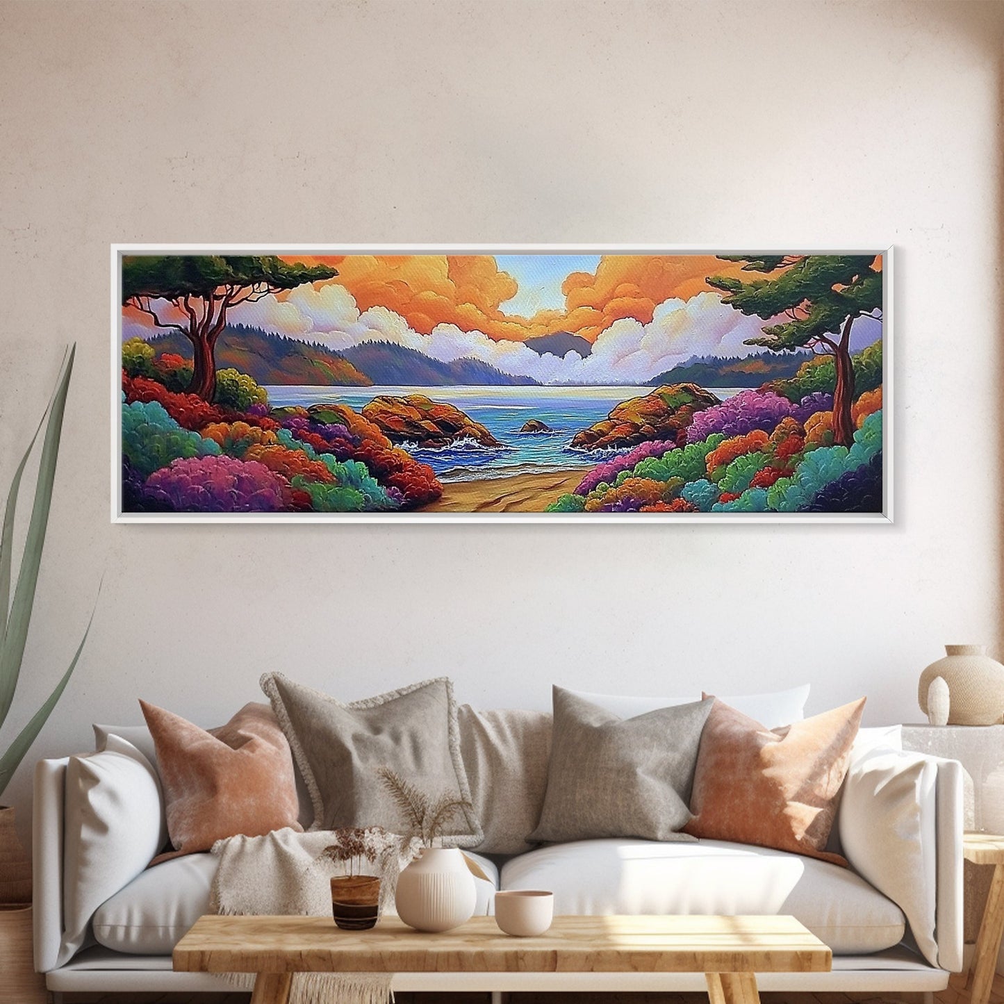 Vibrant Coastal View, Ocean Sunset Landscape, Floral Beach Scene, Framed Canvas Print, Colorful Wall Art, Tropical Living Room