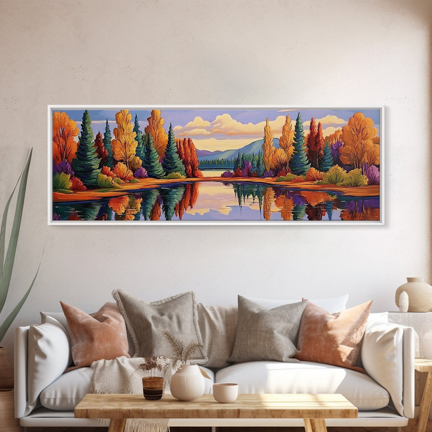 Autumn Reflections Painting, Lakeside Forest Landscape, Fall Color Trees, Framed Canvas Print, Cabin Wall Art, Cozy Living Room