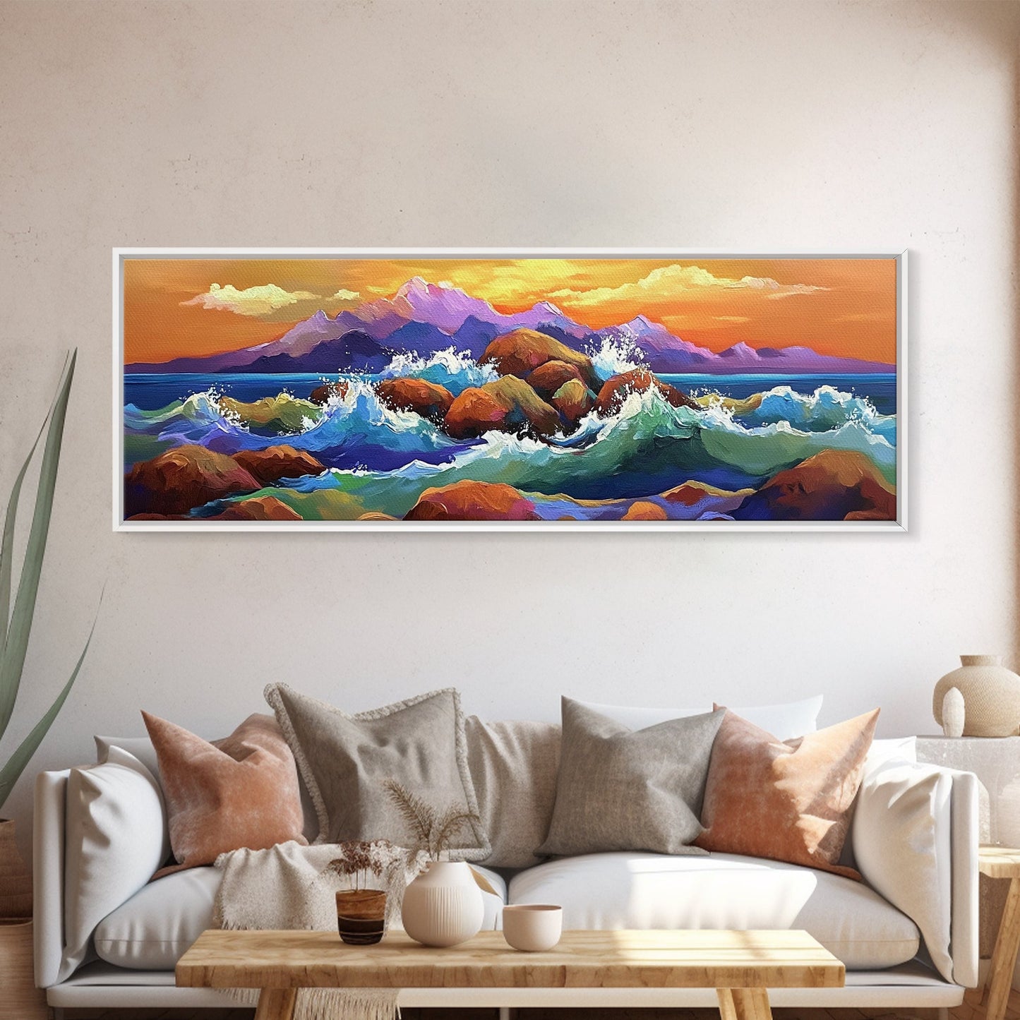 Coastal Rocks Waves, Sunset Ocean Painting, Colorful Seaside View, Framed Canvas Print, Nautical Wall Art, Living Room Decor