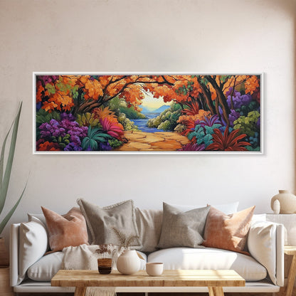 Autumn Archway, Colorful Path, Forest Lake, Vibrant Trees, Framed Canvas Print, Entryway Wall Art, Fall Nature Scene, Boho Art