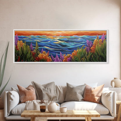 Ocean Horizon, Sunset Sea, Flower Garden, Nature Escape, Canvas Print, Beach House Decor, Tropical Seascape Wall Art