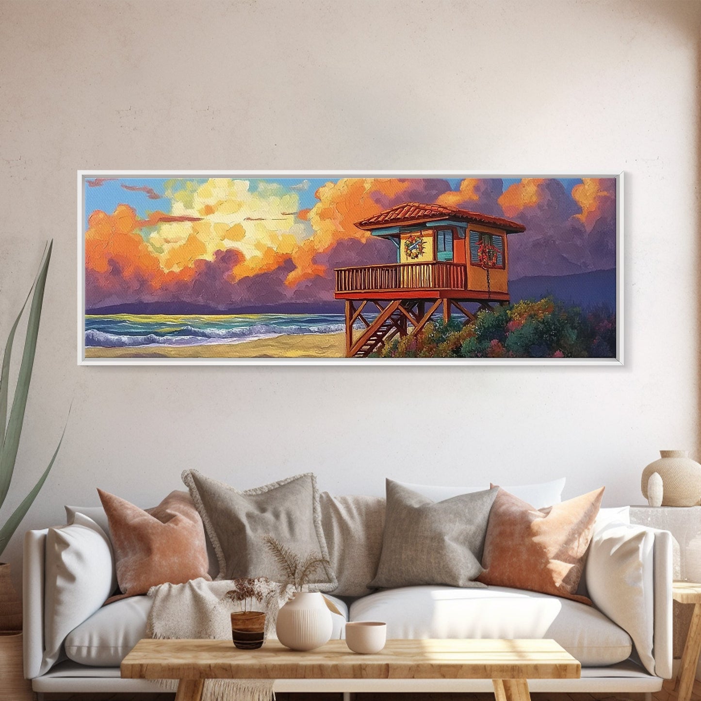 Lifeguard Tower Glow, Beach Sunset Scene, Holiday Decor, Framed Canvas Print, coastal art, tropical beach home, fall season decor