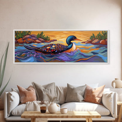 Loon Painting, Tranquil Waters, Sunset Paddle, Colorful Feathers, Framed Canvas Print, lake house art, wildlife nature decor