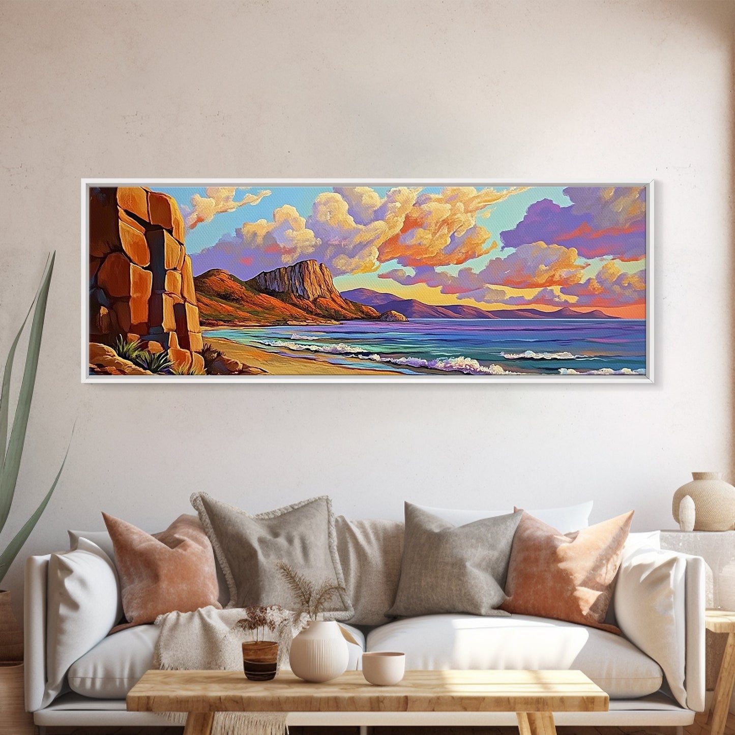 Sunset Beach View, Coastal Mountain Landscape, Peaceful Ocean Wall Art, Framed Canvas Print, Boho Bedroom or Living Room Decor