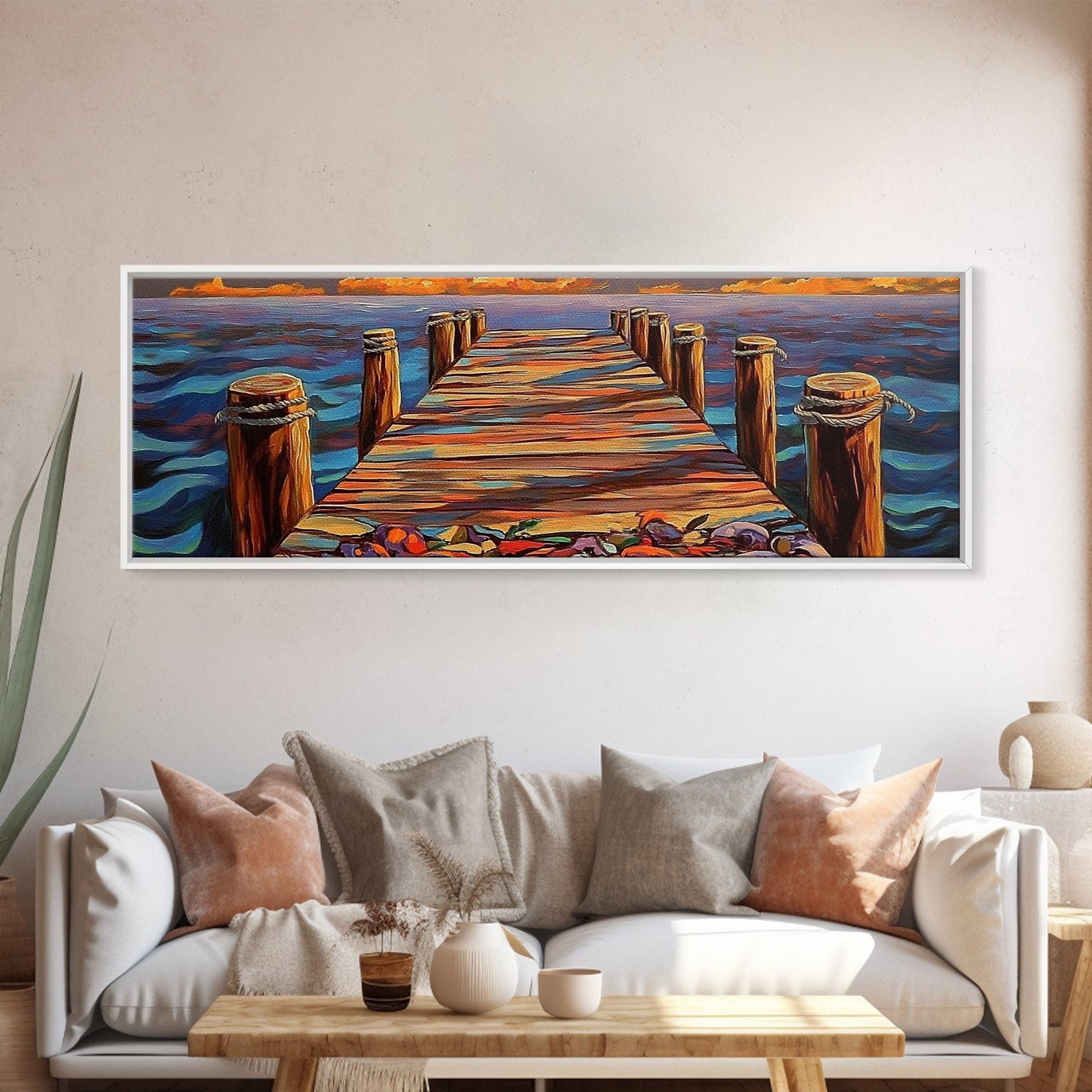 Wooden Dock Sunset, Ocean Pier Painting, Tranquil Seascape Decor, Nautical Beach House Style, Framed Canvas Print