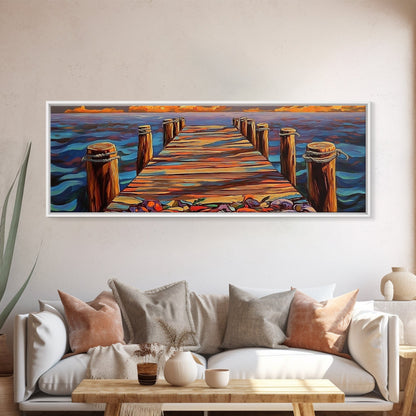 Wooden Dock Sunset, Ocean Pier Painting, Tranquil Seascape Decor, Nautical Beach House Style, Framed Canvas Print