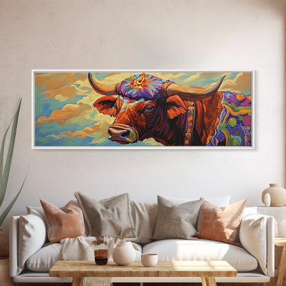 Floral Highland Cow, Western Wall Art, Rustic Charm, Canvas Print, Farmhouse Decor, Living Room Wall Art, Country Animal Art