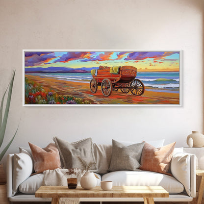 Wagon Beach, Country Ocean, Sunset Retreat, Rustic Cart, Framed Canvas Print, Farmhouse Coastal Art, Entryway Western Decor