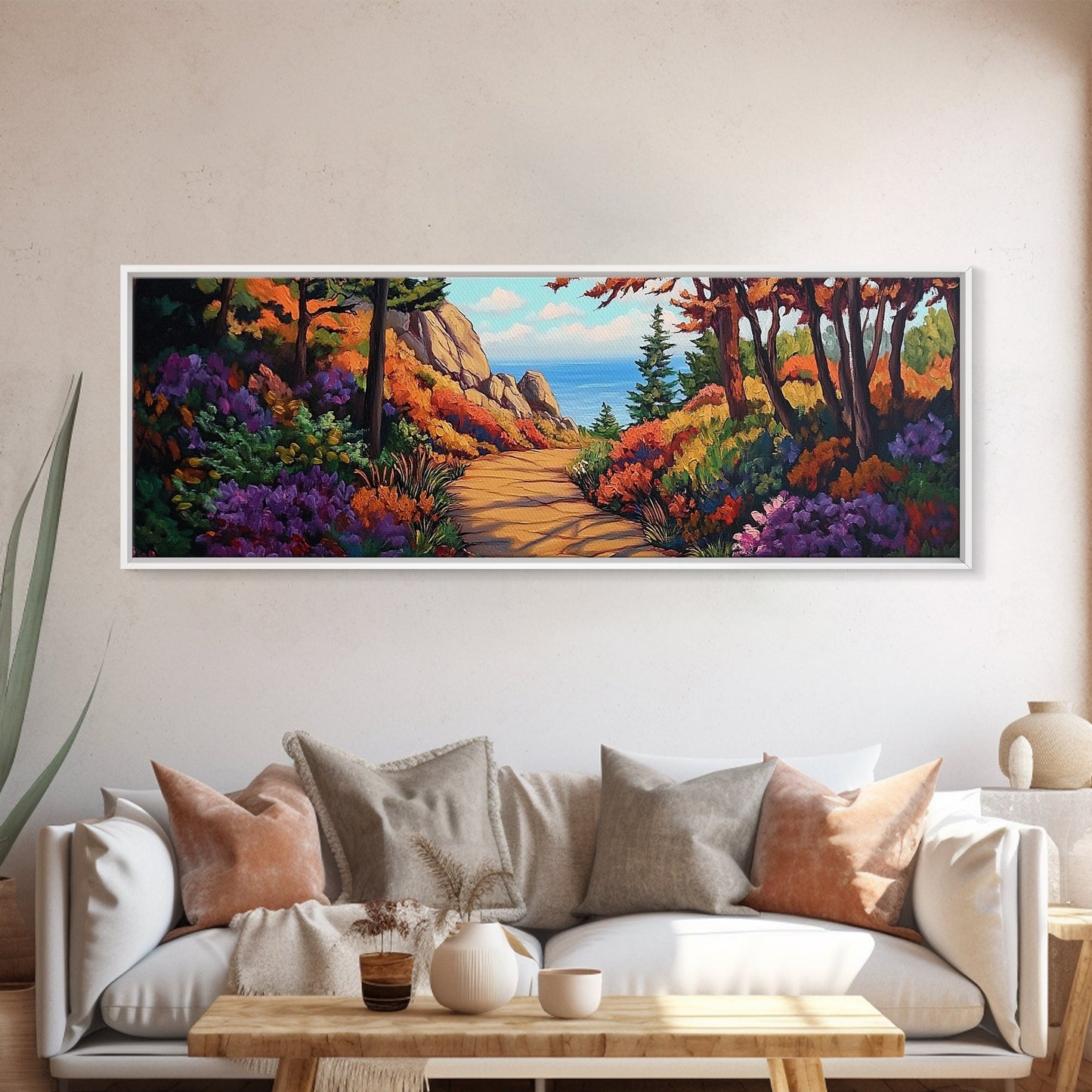 Coastal Forest Walk, Vibrant Landscape Painting, Ocean View Trail, Autumn Decor, Framed Canvas Print, Hallway Wall Art