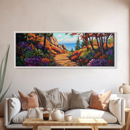 Coastal Forest Walk, Vibrant Landscape Painting, Ocean View Trail, Autumn Decor, Framed Canvas Print, Hallway Wall Art