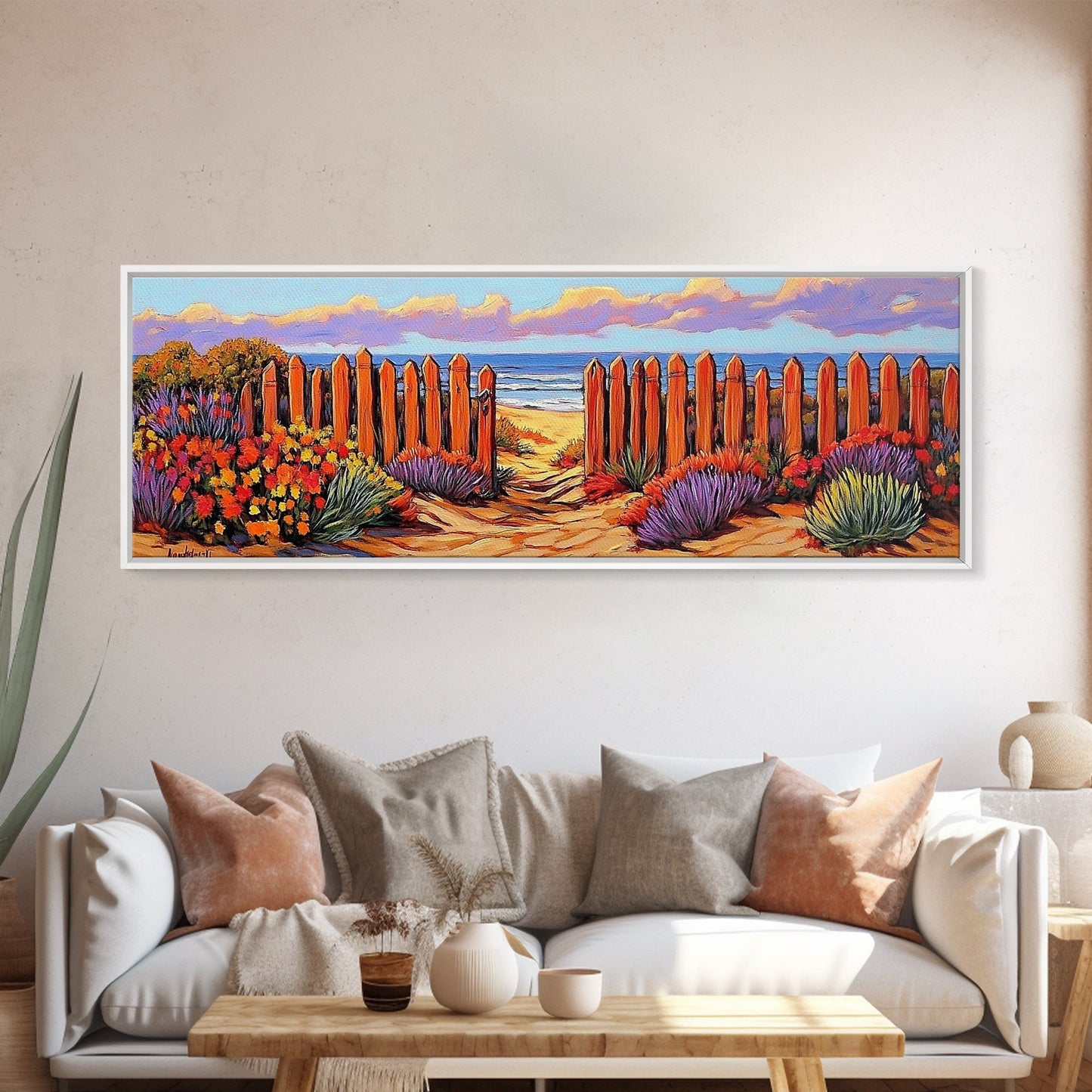 Beach Fence Trail, Ocean Coastal View, Sandy Pathway, Framed Canvas Print, Vibrant Seaside Art, Bathroom or Entryway Decor