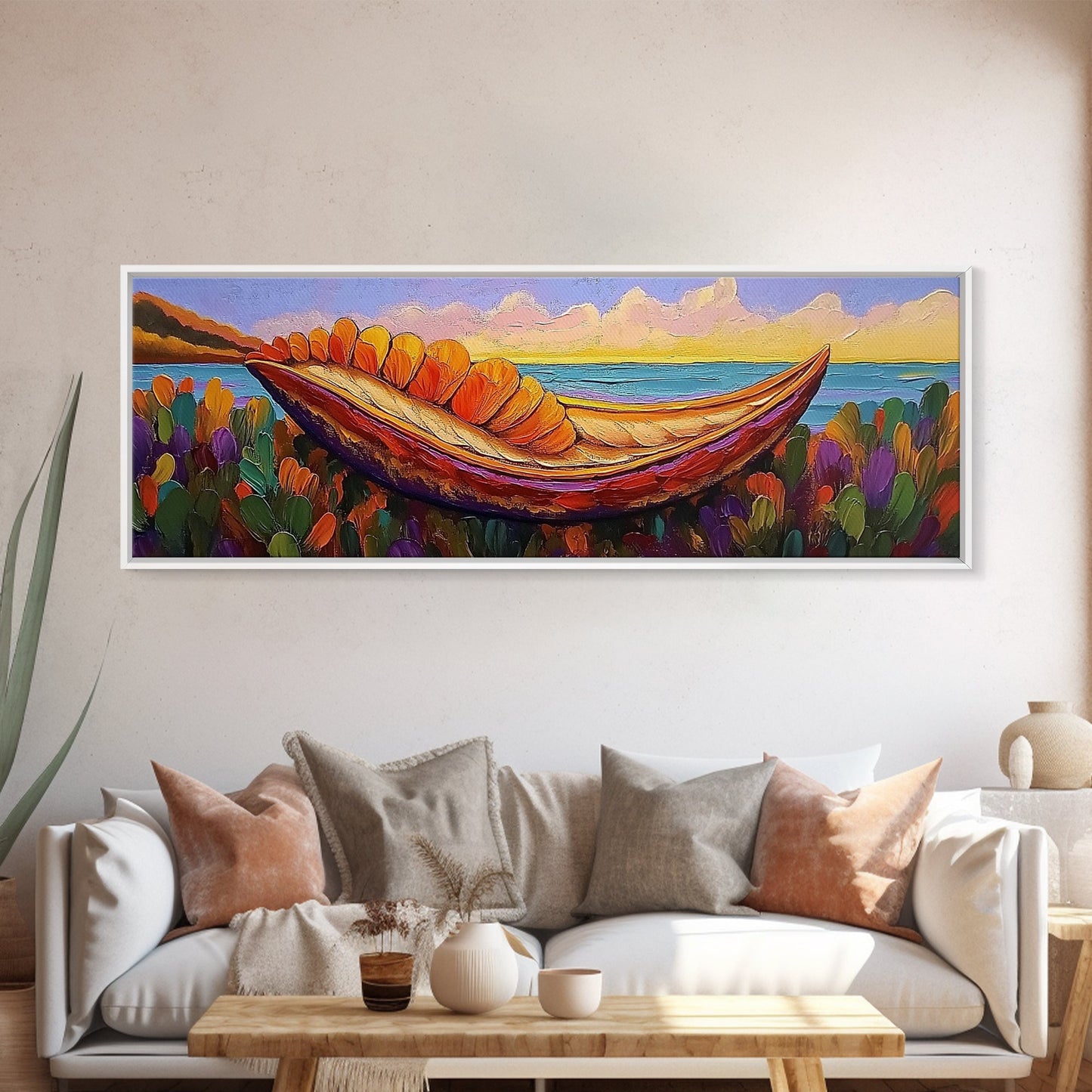 Vibrant Canoe Shell, Coastal Fantasy Art, Ocean Dreamscape, Framed Canvas Print, Tropical Wall Decor, Beach House Accent Piece