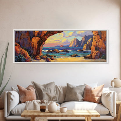 Coastal Archway View, Rocky Beach Sunset, Ocean Serenity, Framed Canvas Print, Nautical Living Room Art, Seaside Escape Scene