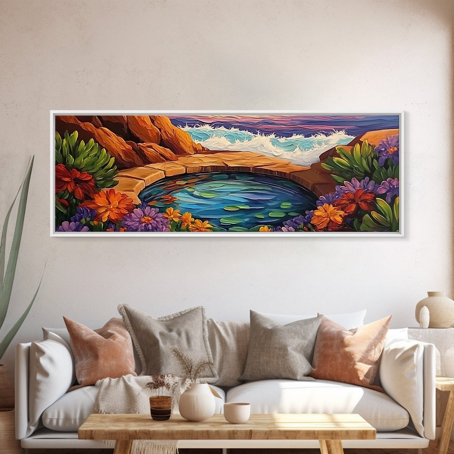 Garden Oasis, Coastal Pool, Tropical Bloom, Framed Canvas Print, Bathroom Wall Art, Vibrant Nature Decor, Colorful Landscape Art