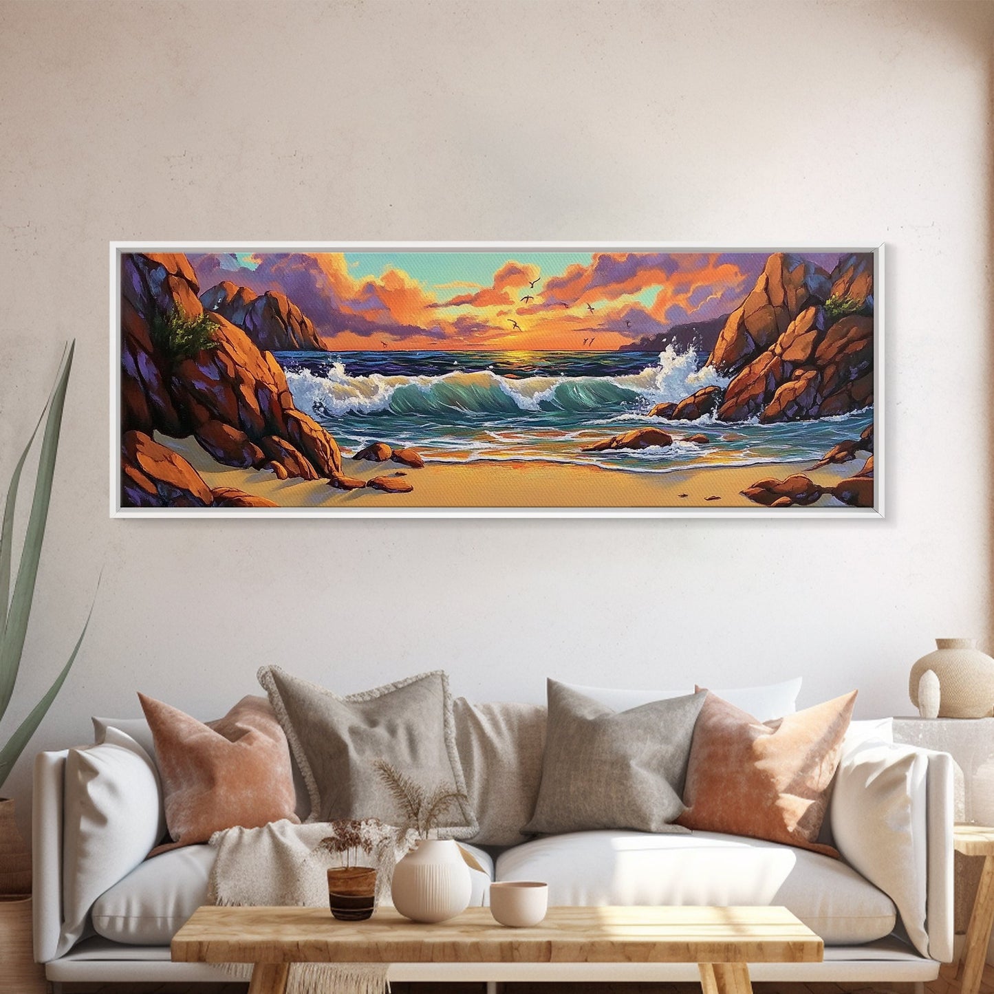 Sunset Beach Waves, Dramatic Ocean, Bold Skies, Framed Canvas Print, Entryway Wall Art, Nature Escape, Colorful Beach Scene