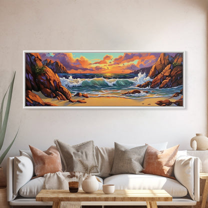 Sunset Beach Waves, Dramatic Ocean, Bold Skies, Framed Canvas Print, Entryway Wall Art, Nature Escape, Colorful Beach Scene