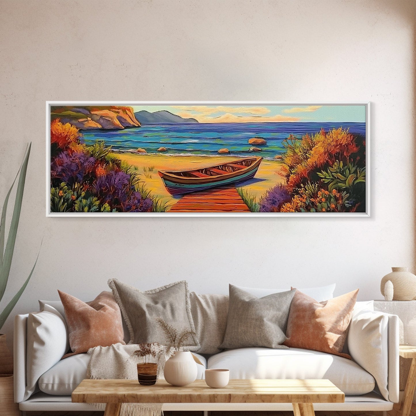 Beach Rowboat Painting, Tranquil Shoreline Scene, Coastal Landscape Art, Summer Lake House Style, Framed Canvas Print, Nature Wall Art