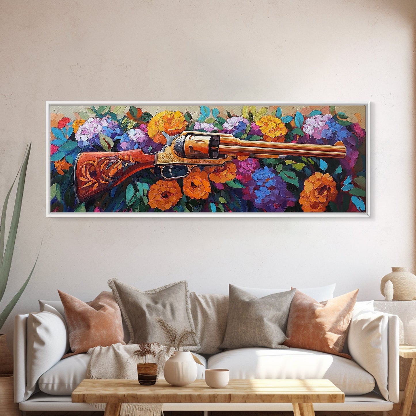 Golden Revolver Art, Floral Gun Painting, Western Floral Wall, Cowboy Chic Style, Framed Canvas Print, Man Cave Southwestern Decor