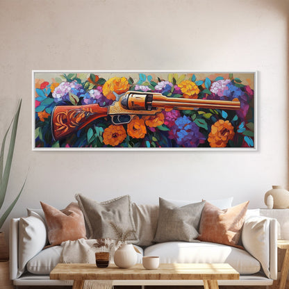 Golden Revolver Art, Floral Gun Painting, Western Floral Wall, Cowboy Chic Style, Framed Canvas Print, Man Cave Southwestern Decor