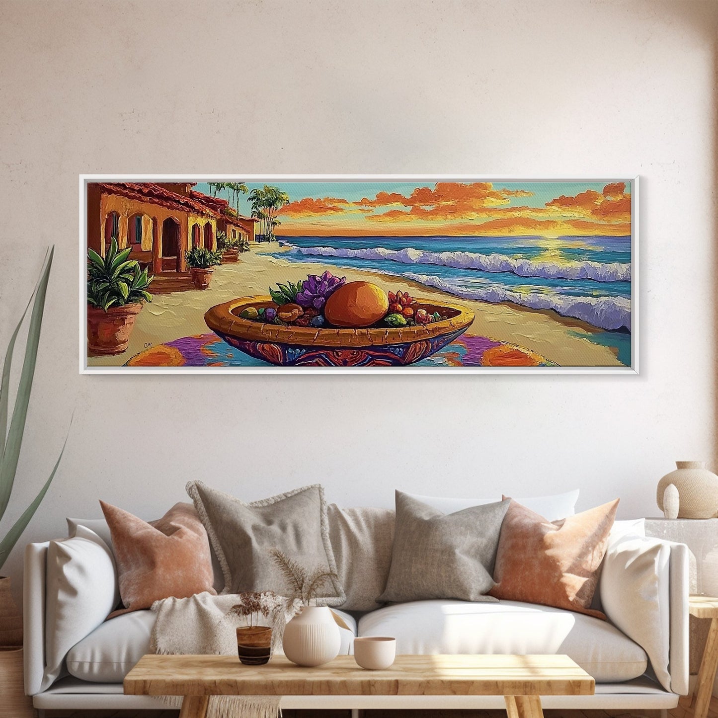 Sunset Beach, Ocean Fruit Bowl, Coastal Vibes, Framed Canvas Print, Tropical Kitchen Wall Art, Colorful Seaside Home Decor